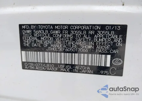 2013 Lexus Ls 460 z USA, uszkodzony, nr VIN JTHCL5EF6D5017066